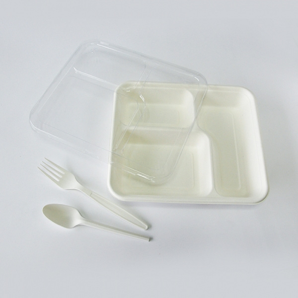 High quality compostable sugarcane bagasse 3-div container